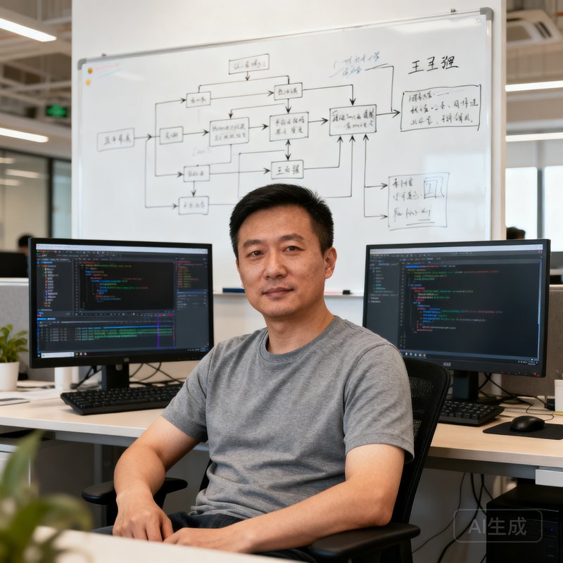 天下足球网技术总监王志强，三十多岁男性，穿着灰色T恤坐在开放式办公室中，面前是双屏开发环境，身后白板上画着系统架构图